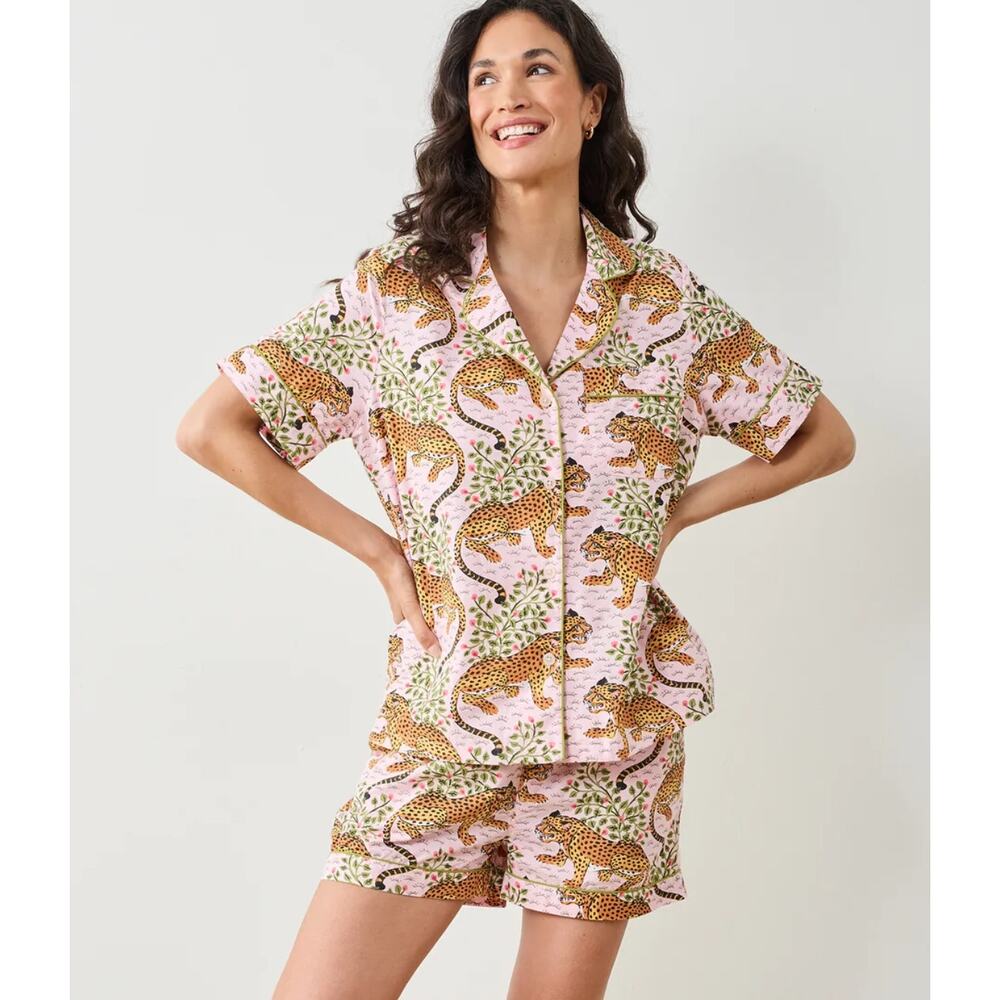 Printfresh Pajama Set Womens Medium Bagheera Leopard Short Sleeve Cotton Shorts